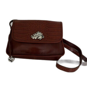 Vintage Brighton Brown Croc Embossed leather leaf Metal Details Crossbody Purse